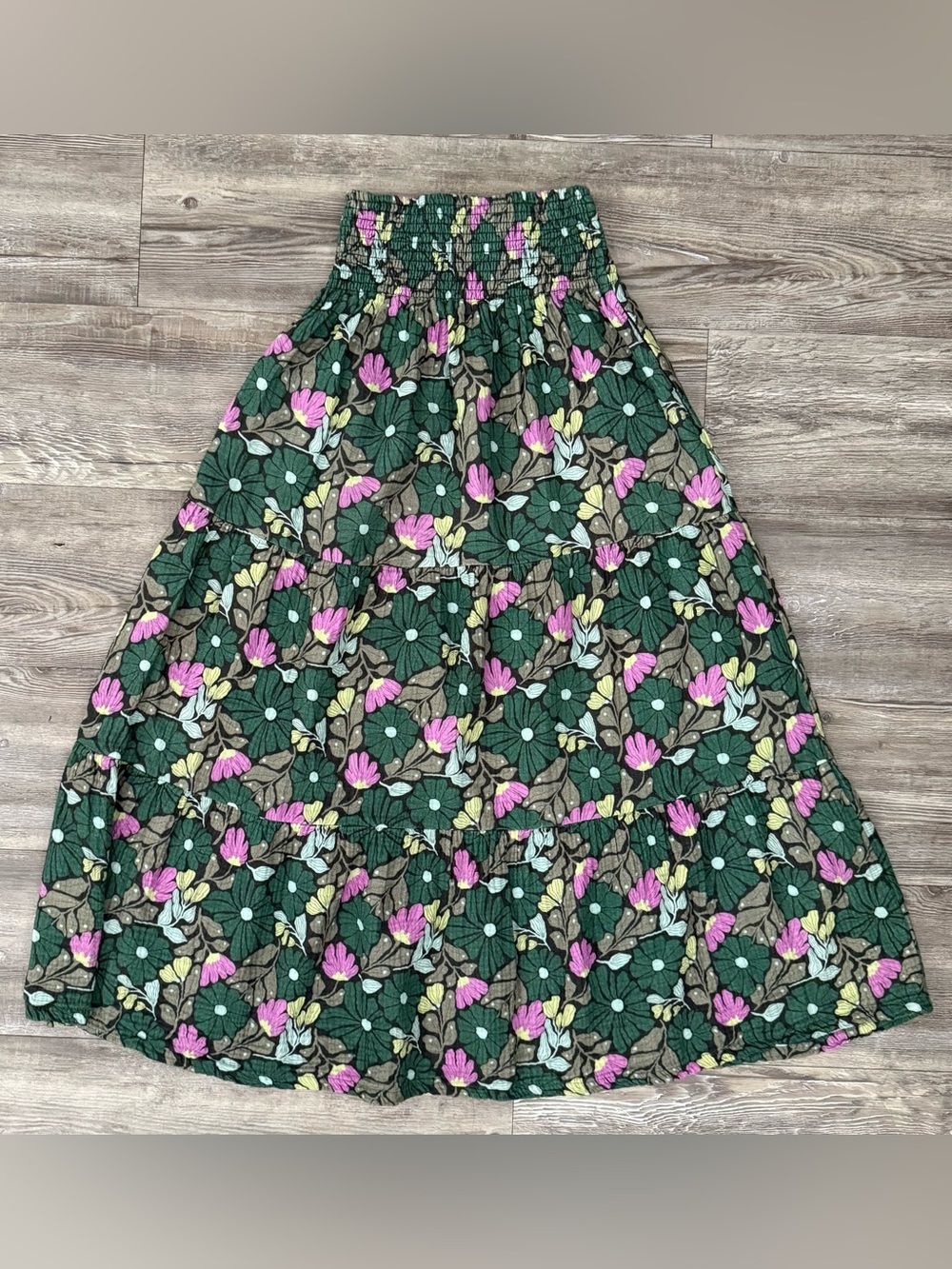 Marine Layer XS Floral Maxi Skirt Smocked Waist Tiered Green Pink Boho